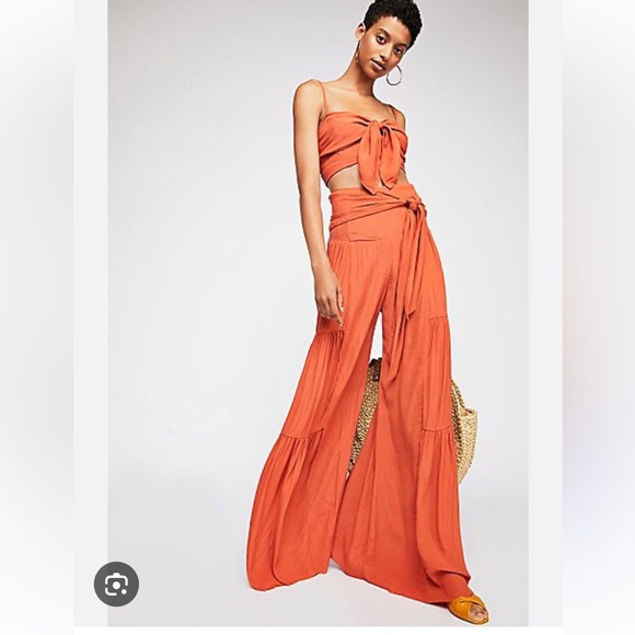 Free People Other - Free People One Tie Front Palermo Set Wide Leg Pants Front Bow Cropped Top Sz S